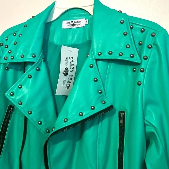 Crazy Train teal faux leather studded moto jacket - Picture 2 of 6